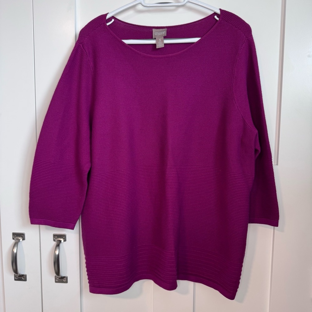 Chico's Ribbed Purple Pullover Knit Sweater Women's Size 3‎ Stretch 3/4 Sleeve